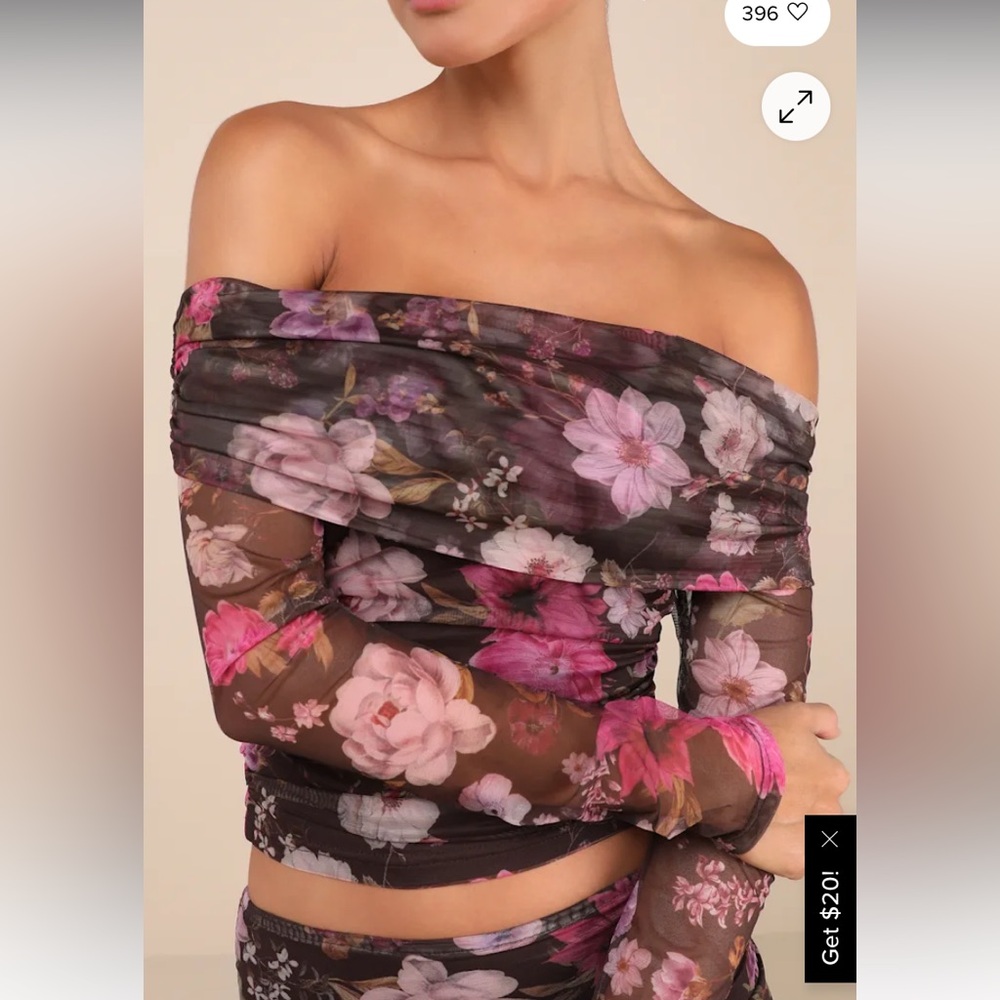 NWT Lulus Moody Romantic Floral Mesh Off-the-Shoulder semi- sheer Top Size S